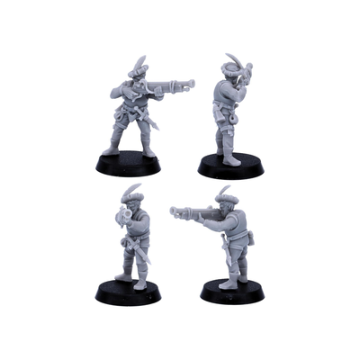 32mm Medieval Gunner shown from front, side and rear angles with detailed clothing and equipment.