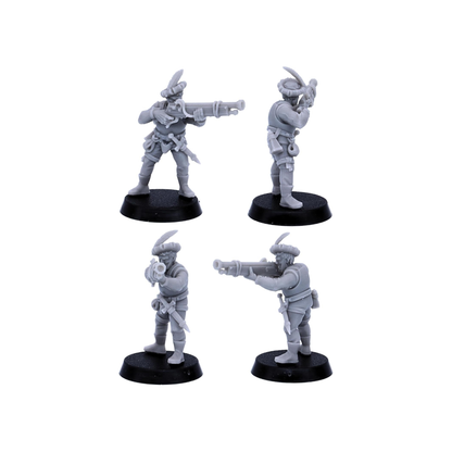 32mm Medieval Gunner shown from front, side and rear angles with detailed clothing and equipment.