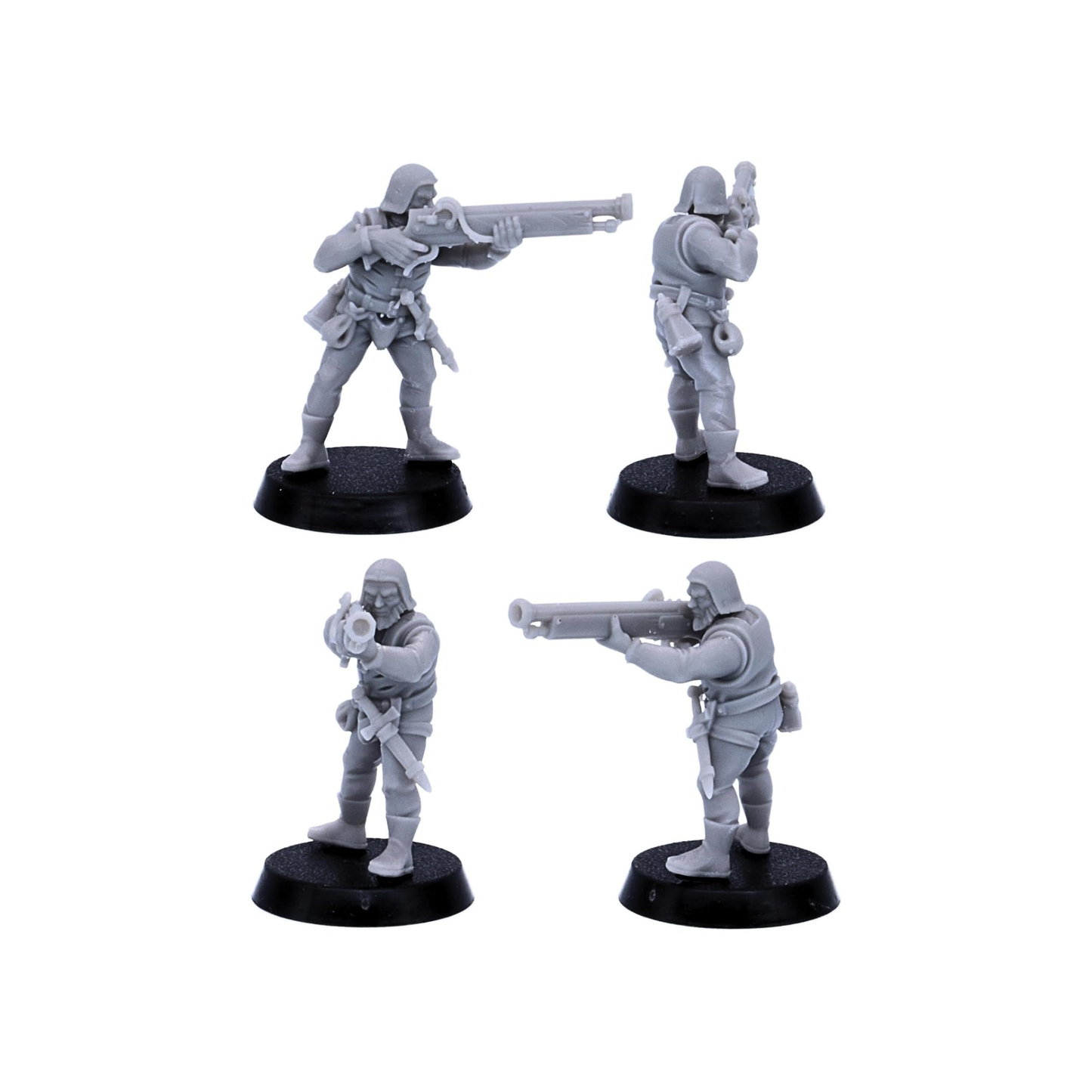 Medieval gunner miniature holding a long firearm upright in a ready position.