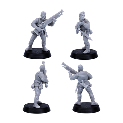 Medieval gunner miniature shown from multiple side and rear angles.