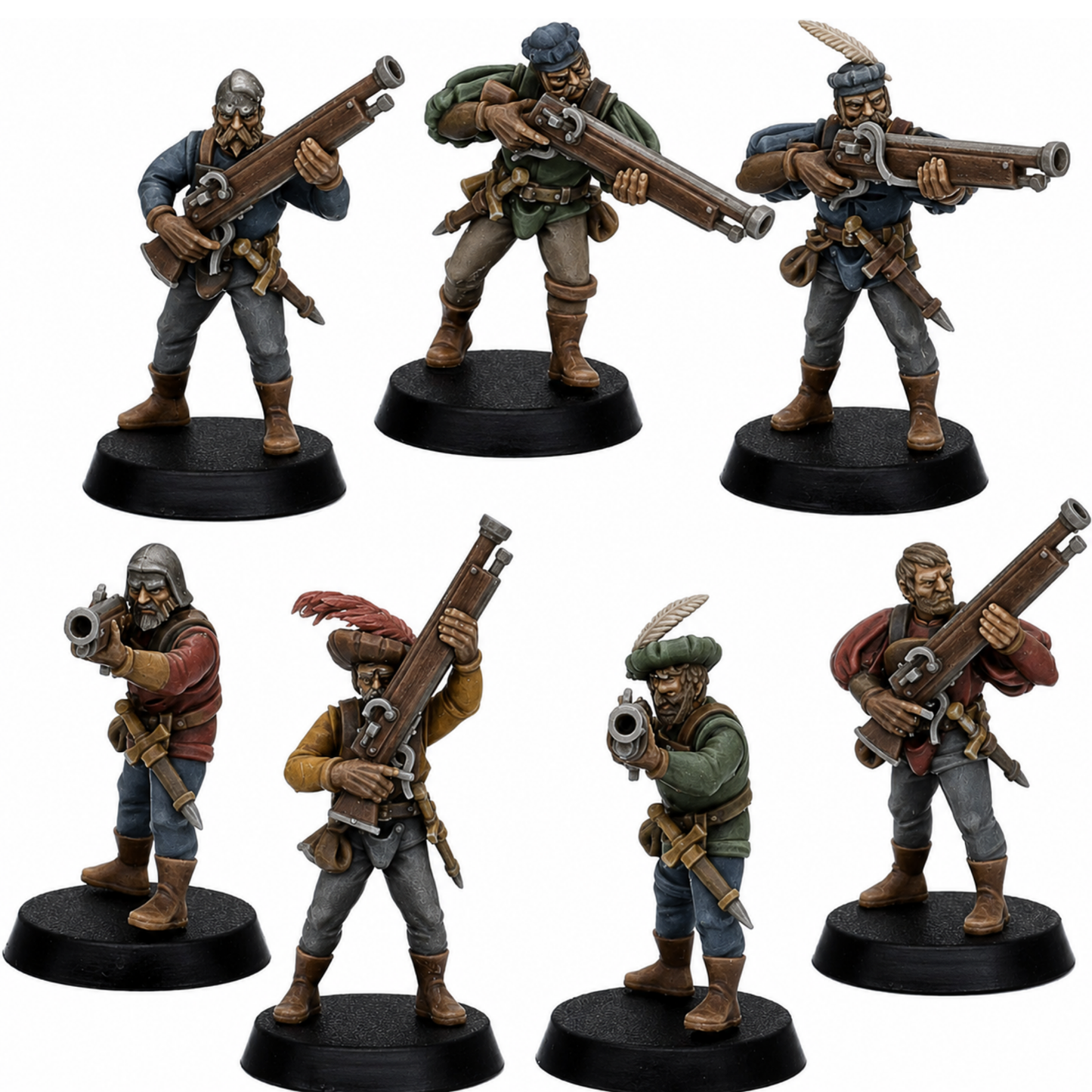 Seven painted Medieval Gunners by Highlands Miniatures armed with early firearms on round bases.