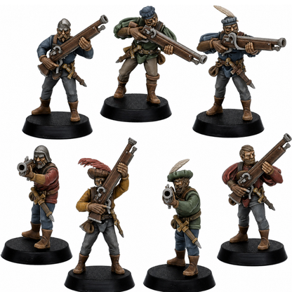 Seven painted Medieval Gunners by Highlands Miniatures armed with early firearms on round bases.