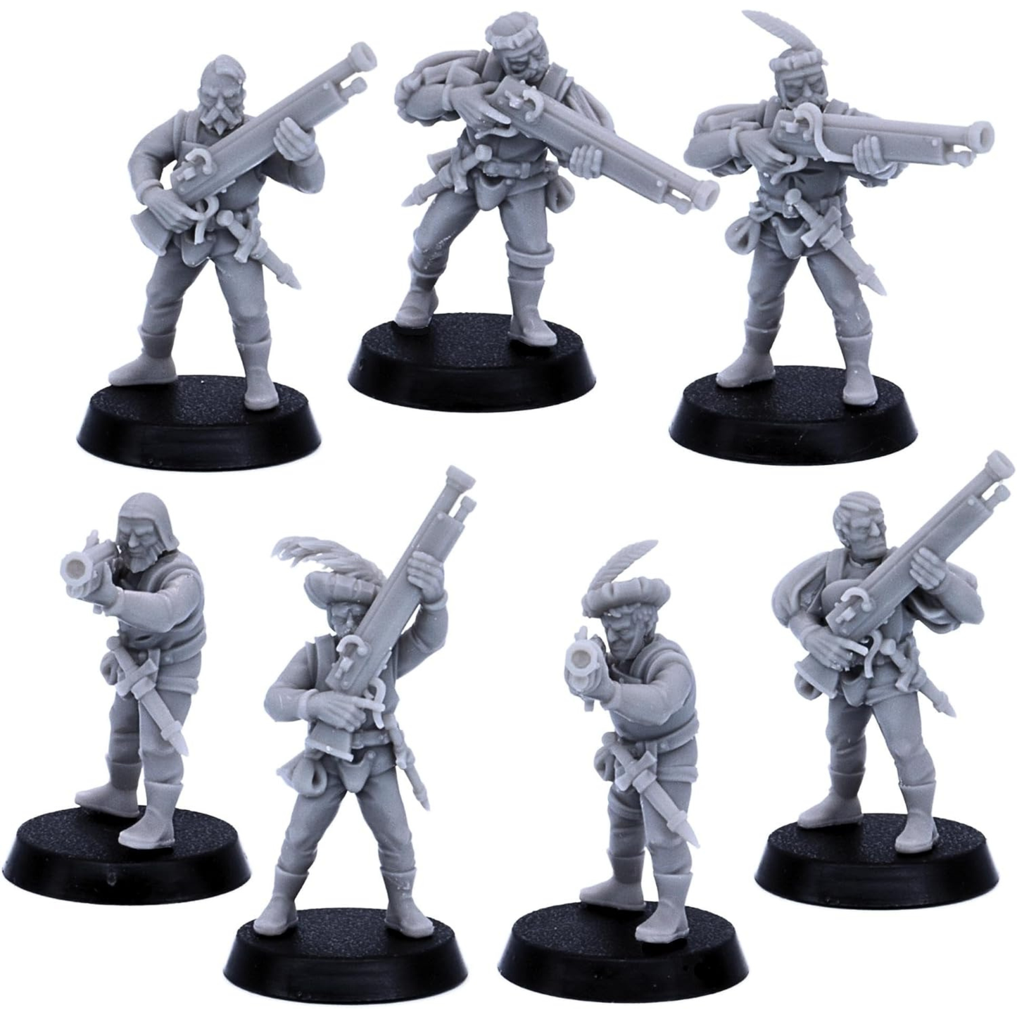 Seven unpainted Medieval Gunners shown together in varied aiming and carrying poses.