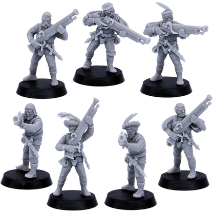 Seven unpainted Medieval Gunners shown together in varied aiming and carrying poses.