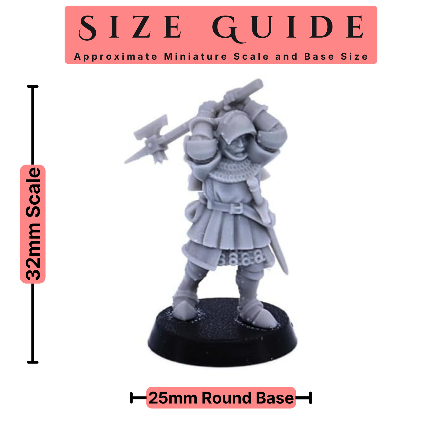 32mm Medieval Knight miniature shown with a 25mm round base size guide.