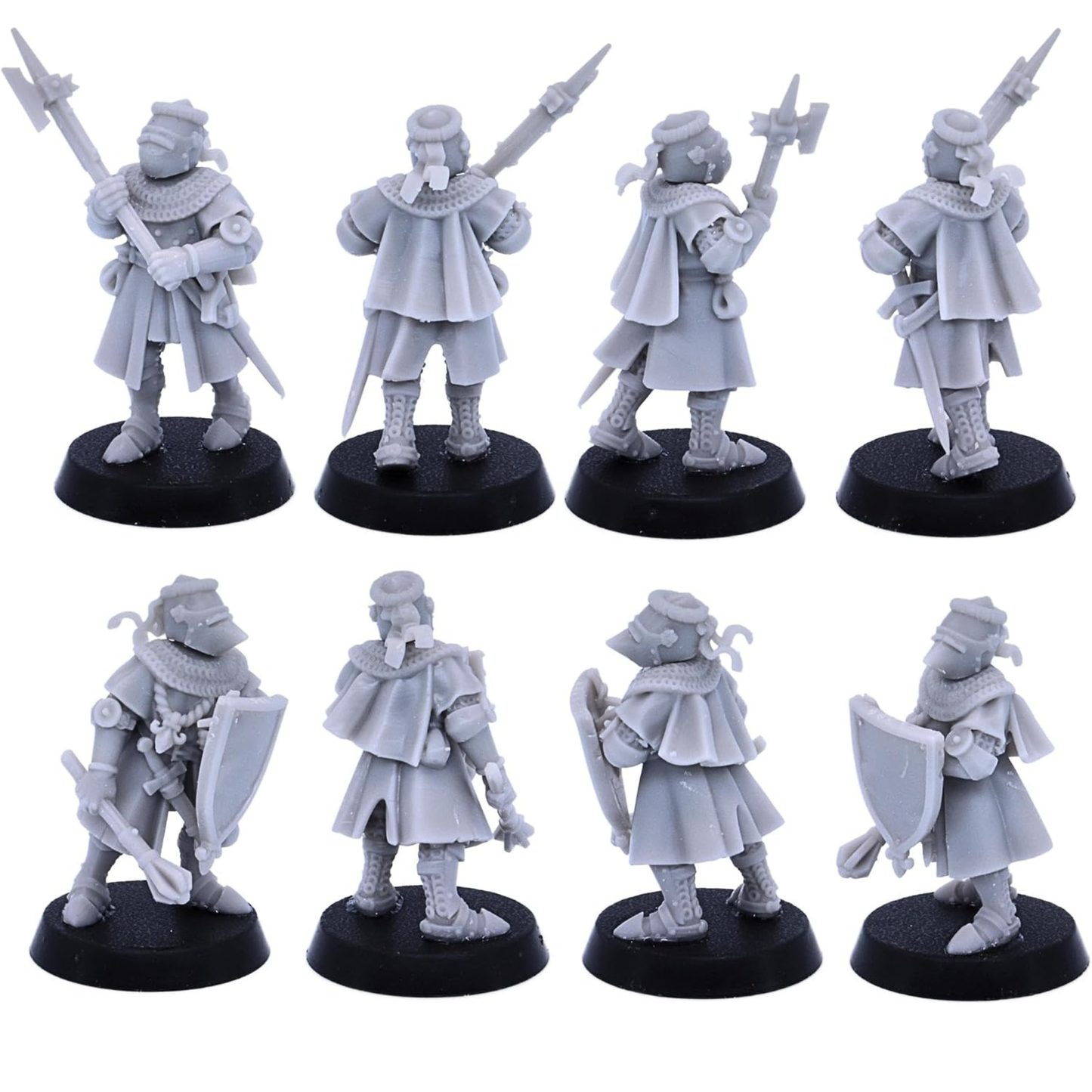Medieval foot knight equipped with a shield and sword shown from front, rear and side views.