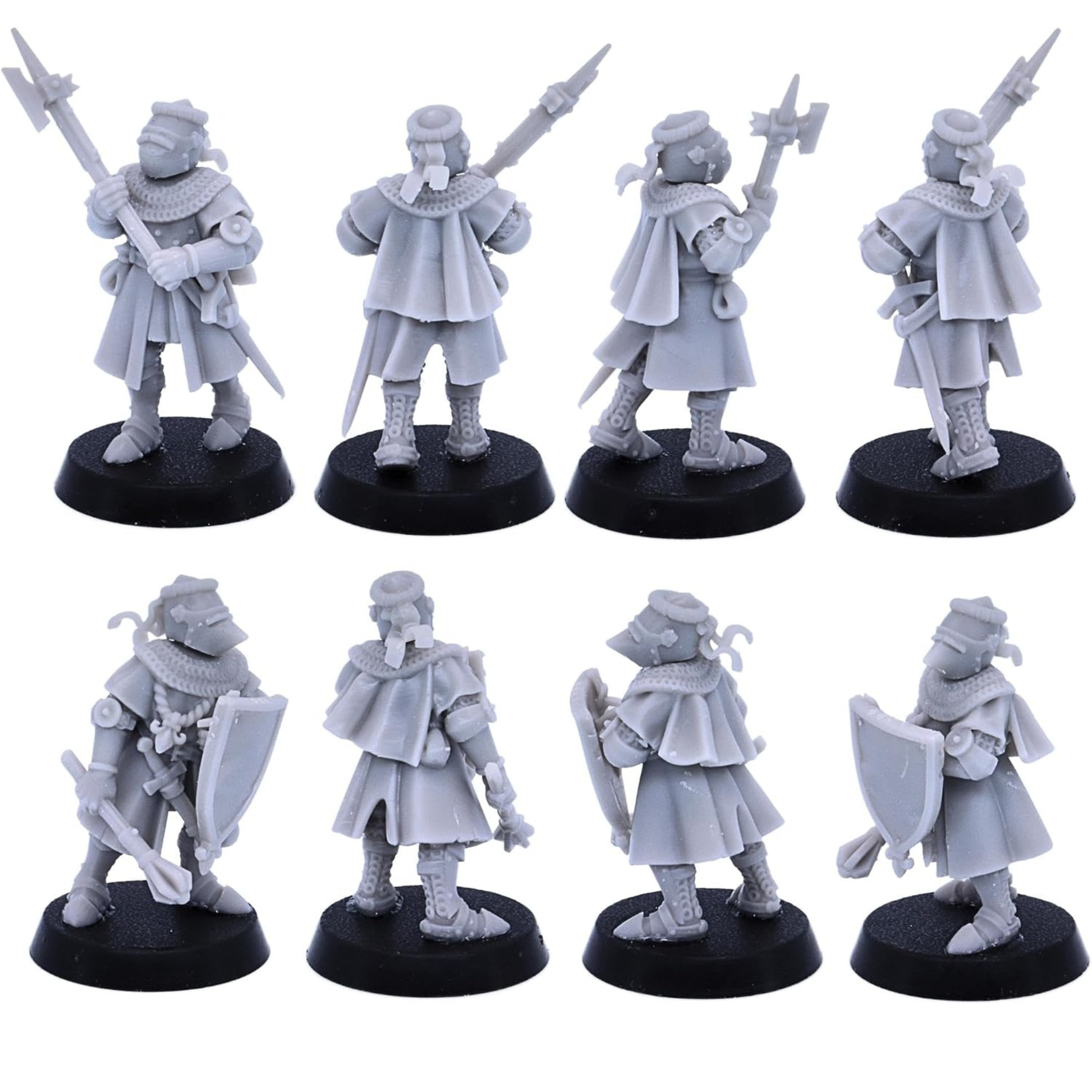 Medieval foot knight equipped with a shield and sword shown from front, rear and side views.