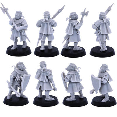 Medieval foot knight equipped with a shield and sword shown from front, rear and side views.