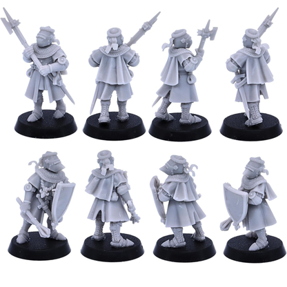 Medieval foot knight equipped with a shield and sword shown from front, rear and side views.
