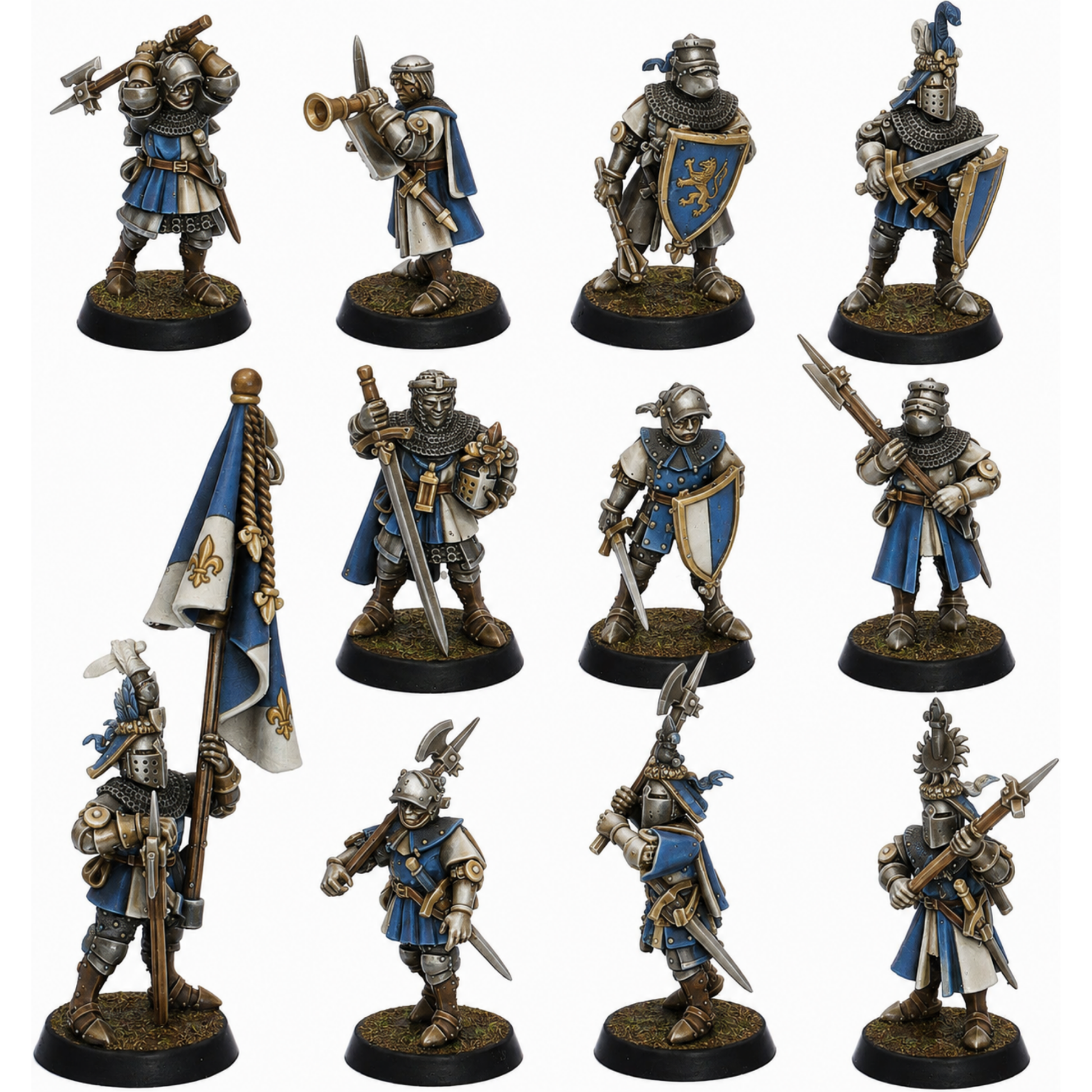 Painted set of 11 Medieval Knights on Foot by Highlands Miniatures with swords, shields, polearms and heraldic equipment.