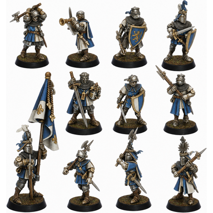 Painted set of 11 Medieval Knights on Foot by Highlands Miniatures with swords, shields, polearms and heraldic equipment.