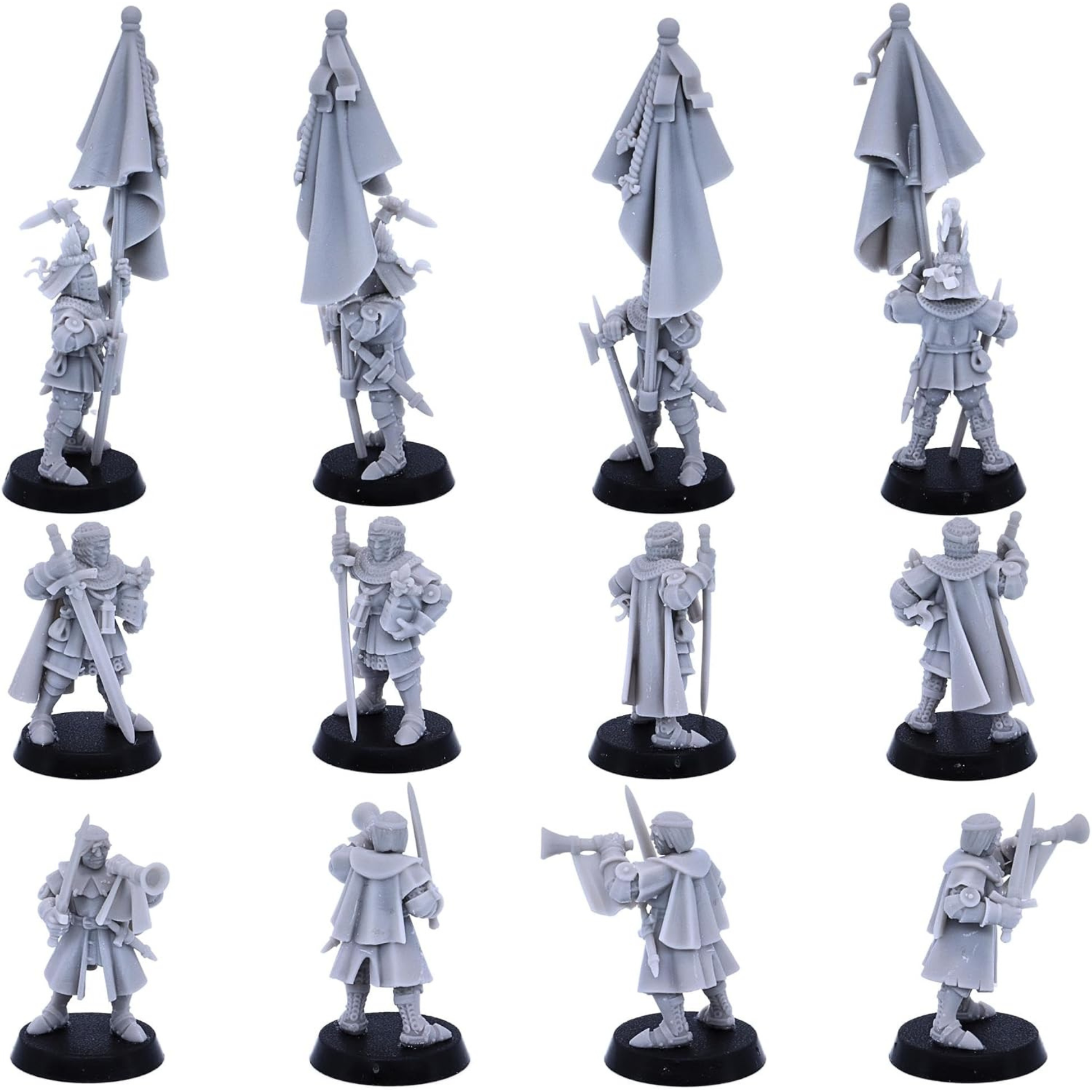 Armoured medieval standard bearer miniature shown from multiple angles carrying a large battlefield banner.
