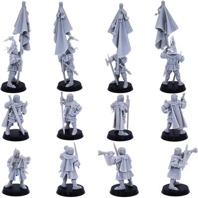 Armoured medieval standard bearer miniature shown from multiple angles carrying a large battlefield banner.