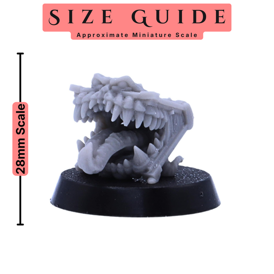 Size guide showing a 28mm scale mimic miniature for tabletop RPG and fantasy gaming.