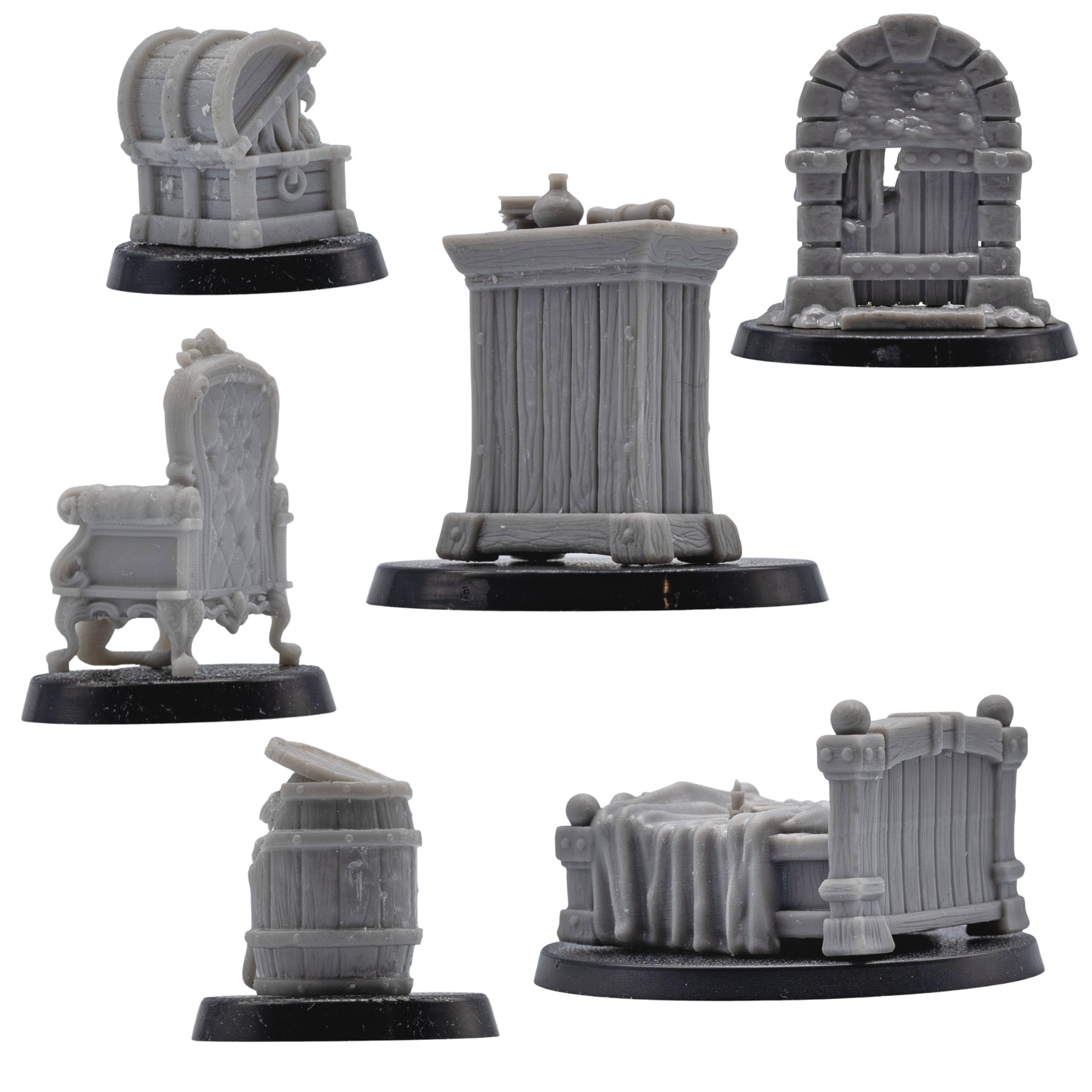 Rear and alternate views of the six Mimic miniatures showing the sculpted furniture, wood, stone, and fabric details.