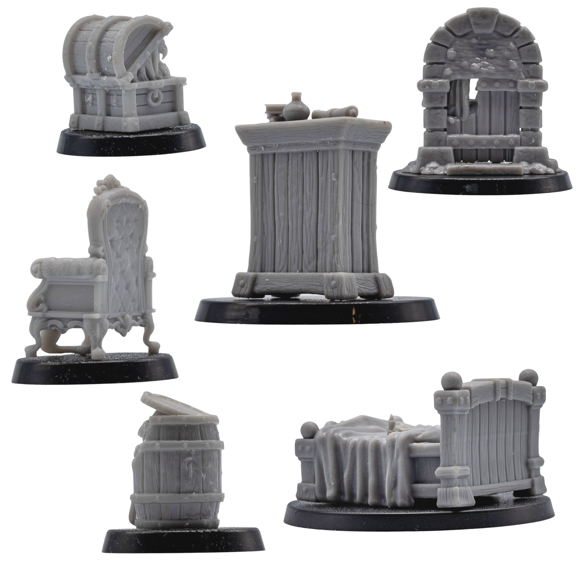 Rear and alternate views of the six Mimic miniatures showing the sculpted furniture, wood, stone, and fabric details.