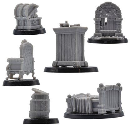 Rear and alternate views of the six Mimic miniatures showing the sculpted furniture, wood, stone, and fabric details.
