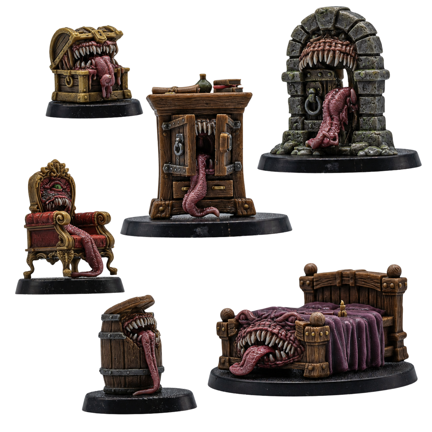 Painted set of six Mimic miniatures by Forged Path Miniatures including chest, cupboard, doorway, chair, barrel, and bed monsters.