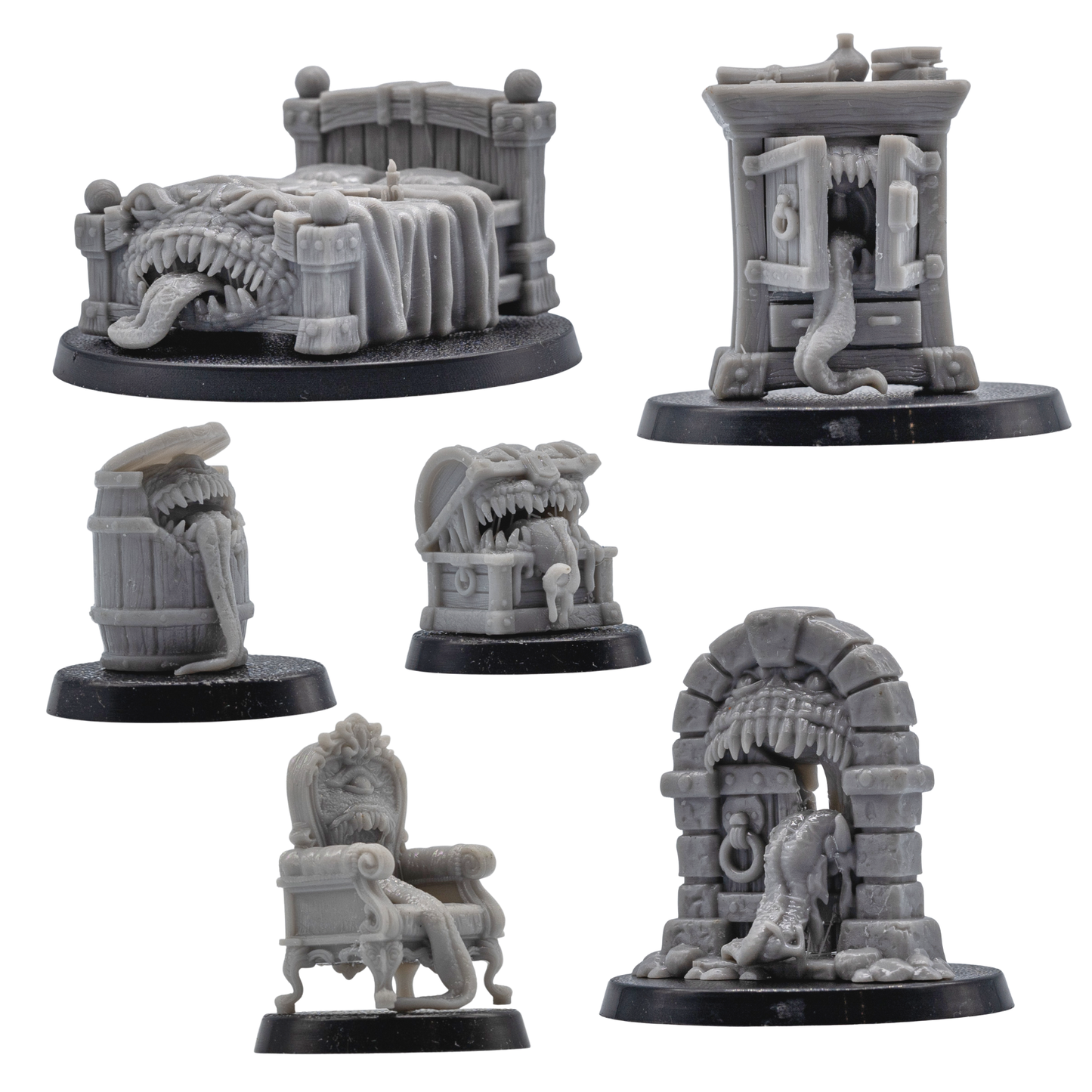 Unpainted set of six fantasy Mimic miniatures showing the different furniture and dungeon object designs.