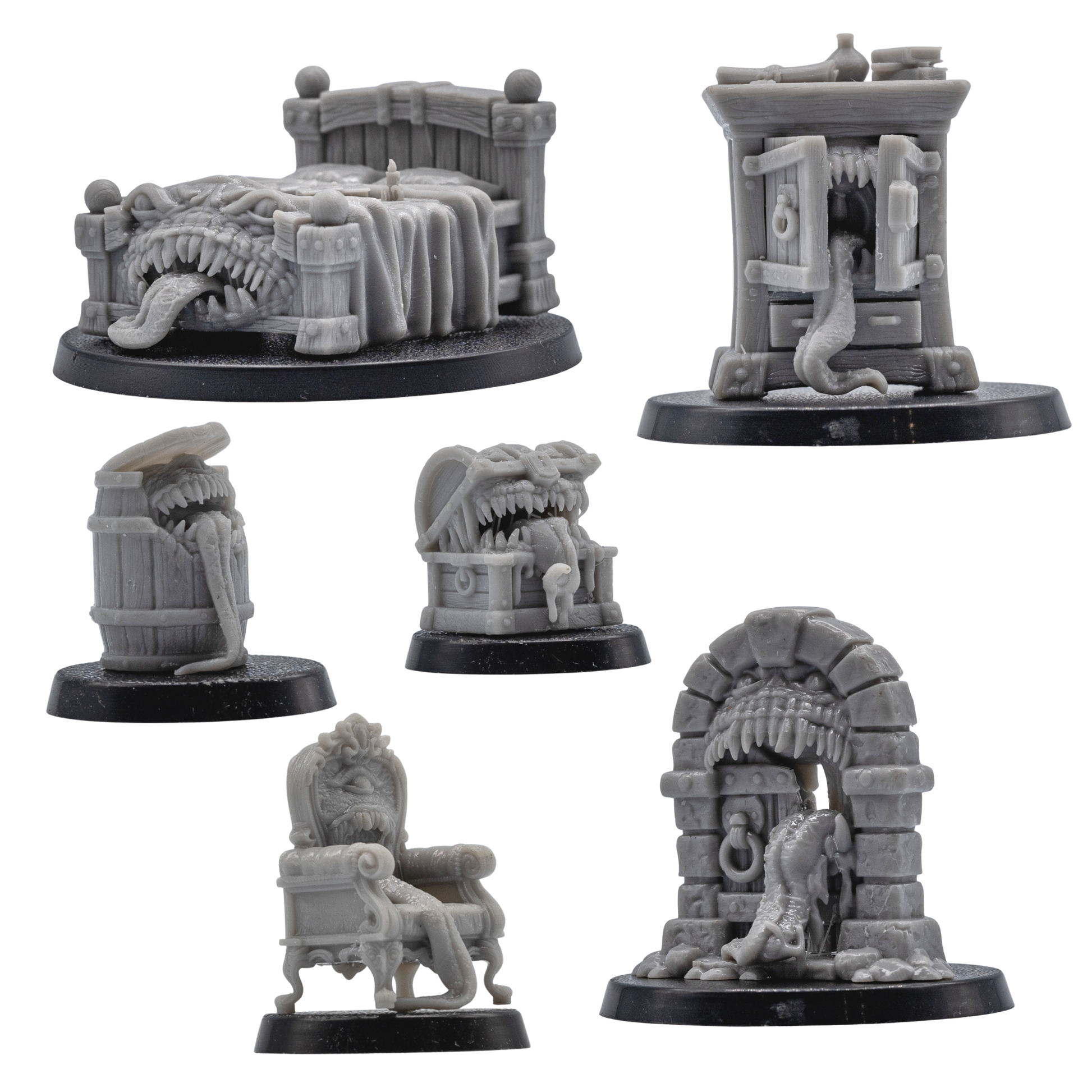 Unpainted set of six fantasy Mimic miniatures showing the different furniture and dungeon object designs.