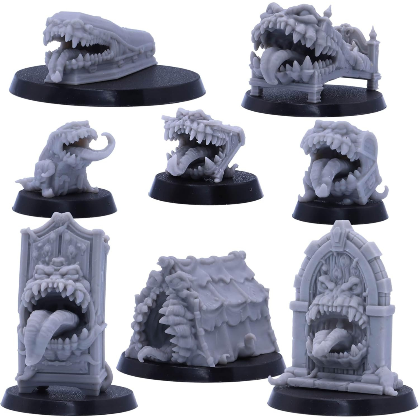 Group of eight resin Mimic miniatures including a bed, wardrobe, chest, coffin, door, tent, book and backpack.