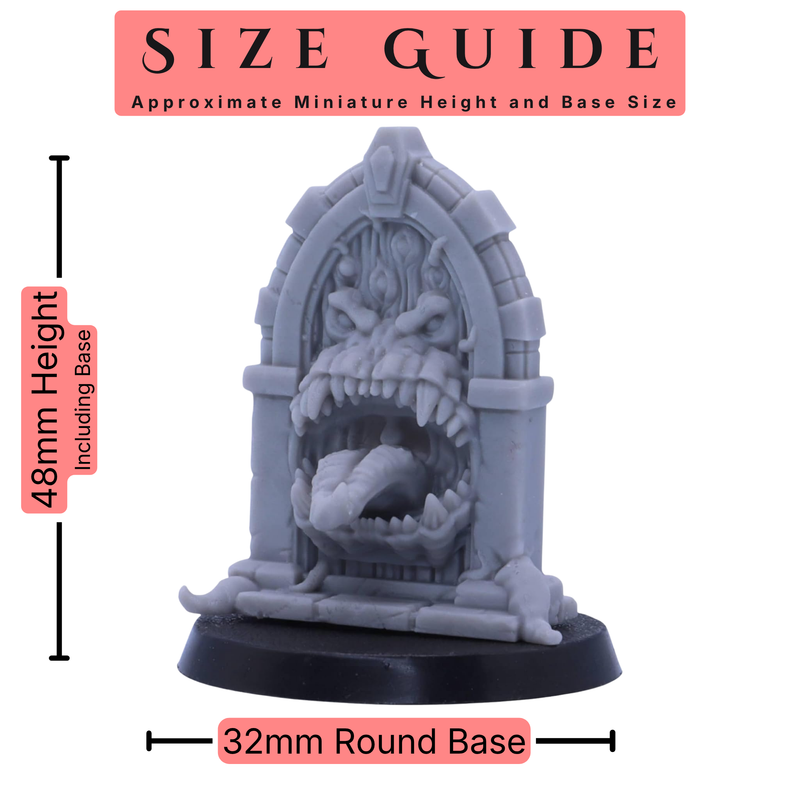 Mimics set of 8 28mm scale miniatures size guide showing an approximate 48mm height including base and 32mm round base size.