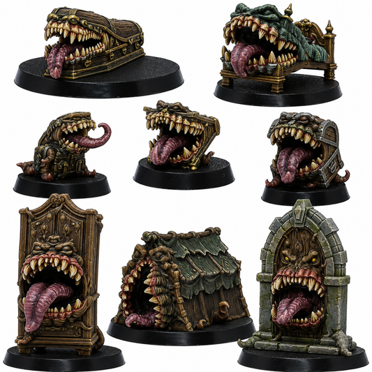 Painted fantasy Mimics set showing eight monstrous furniture and object creatures with large mouths, teeth and tongues.