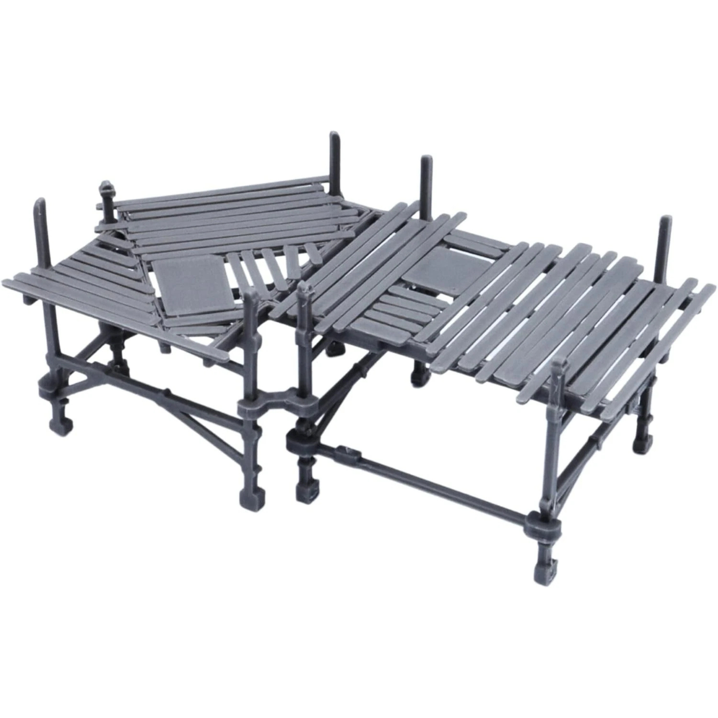 Corner modular scaffolding terrain section with raised planked platforms and structural supports.