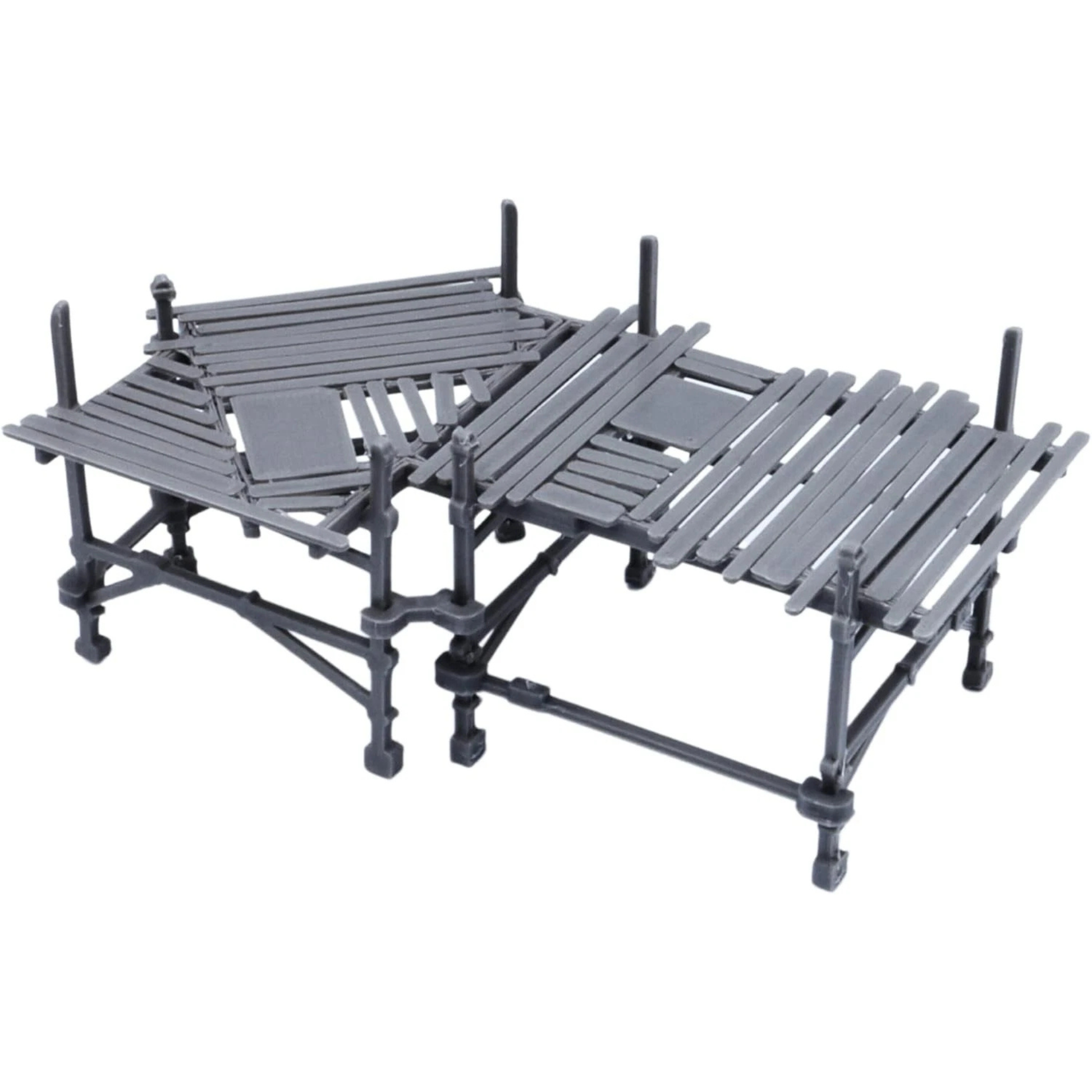 Corner modular scaffolding terrain section with raised planked platforms and structural supports.