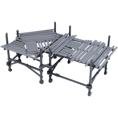 Corner modular scaffolding terrain section with raised planked platforms and structural supports.