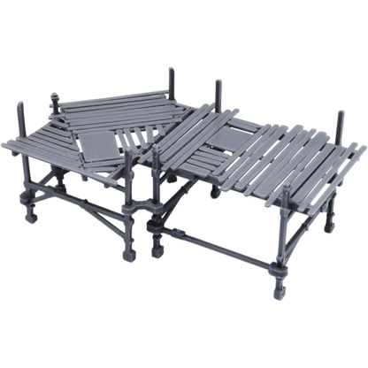 Corner modular scaffolding terrain section with raised planked platforms and structural supports.