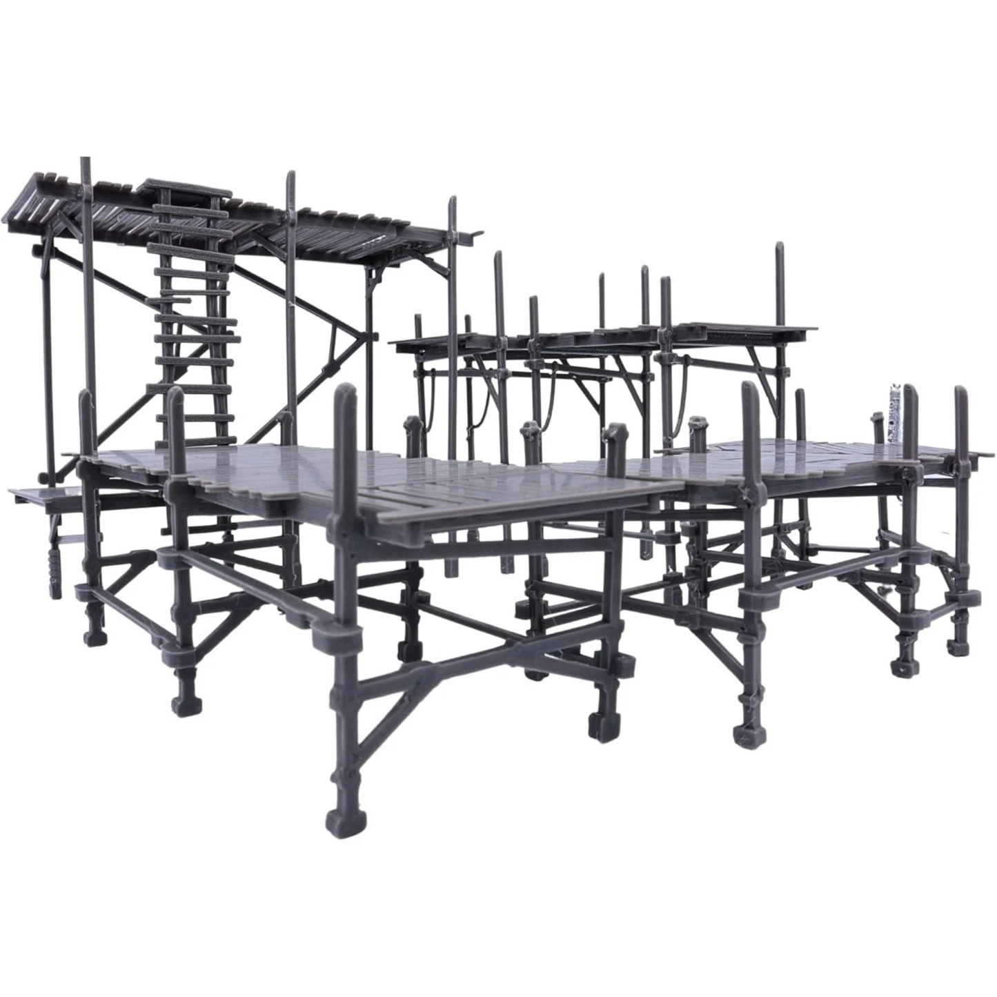 Side view of the complete modular scaffolding terrain layout showing elevated walkways and supporting framework.