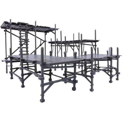 Side view of the complete modular scaffolding terrain layout showing elevated walkways and supporting framework.