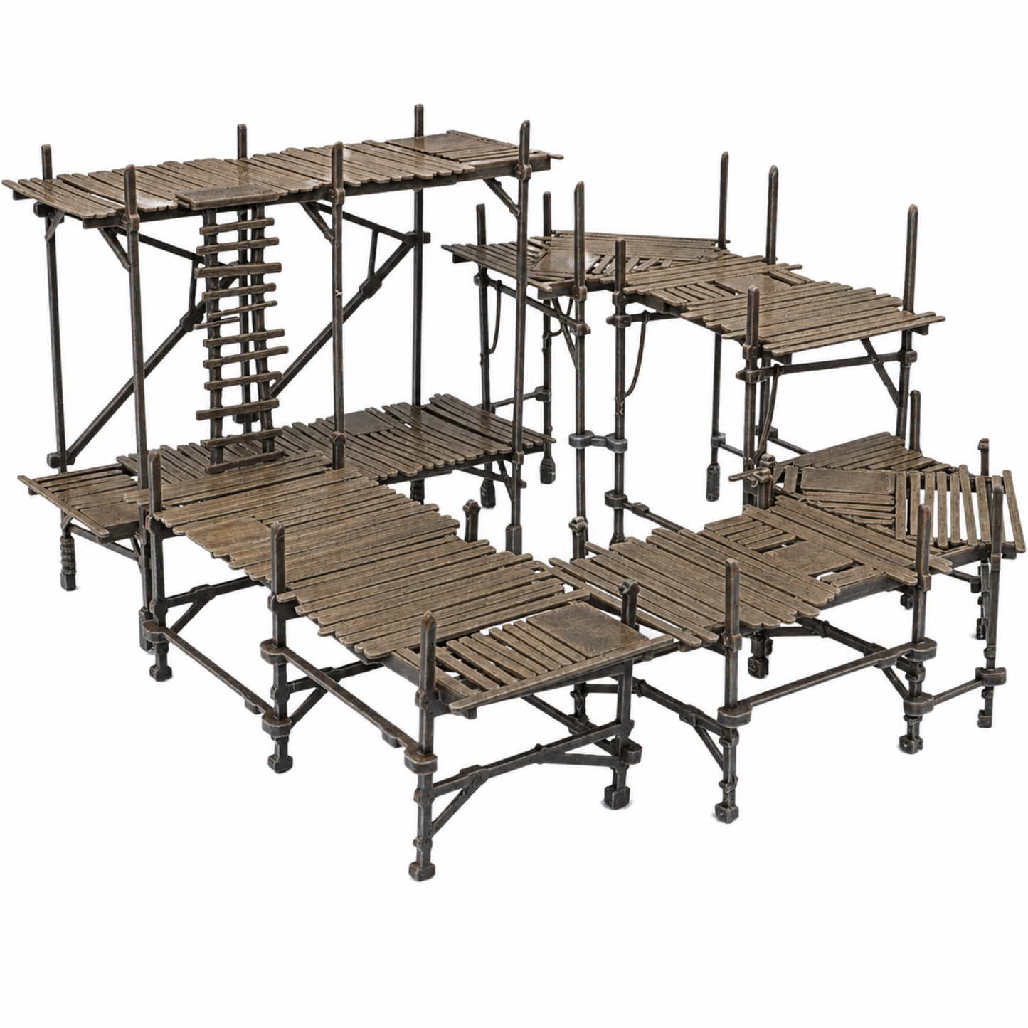 Painted modular scaffolding terrain set by Forged Terrain showing wooden platforms, ladders, posts, and multi-level walkways.