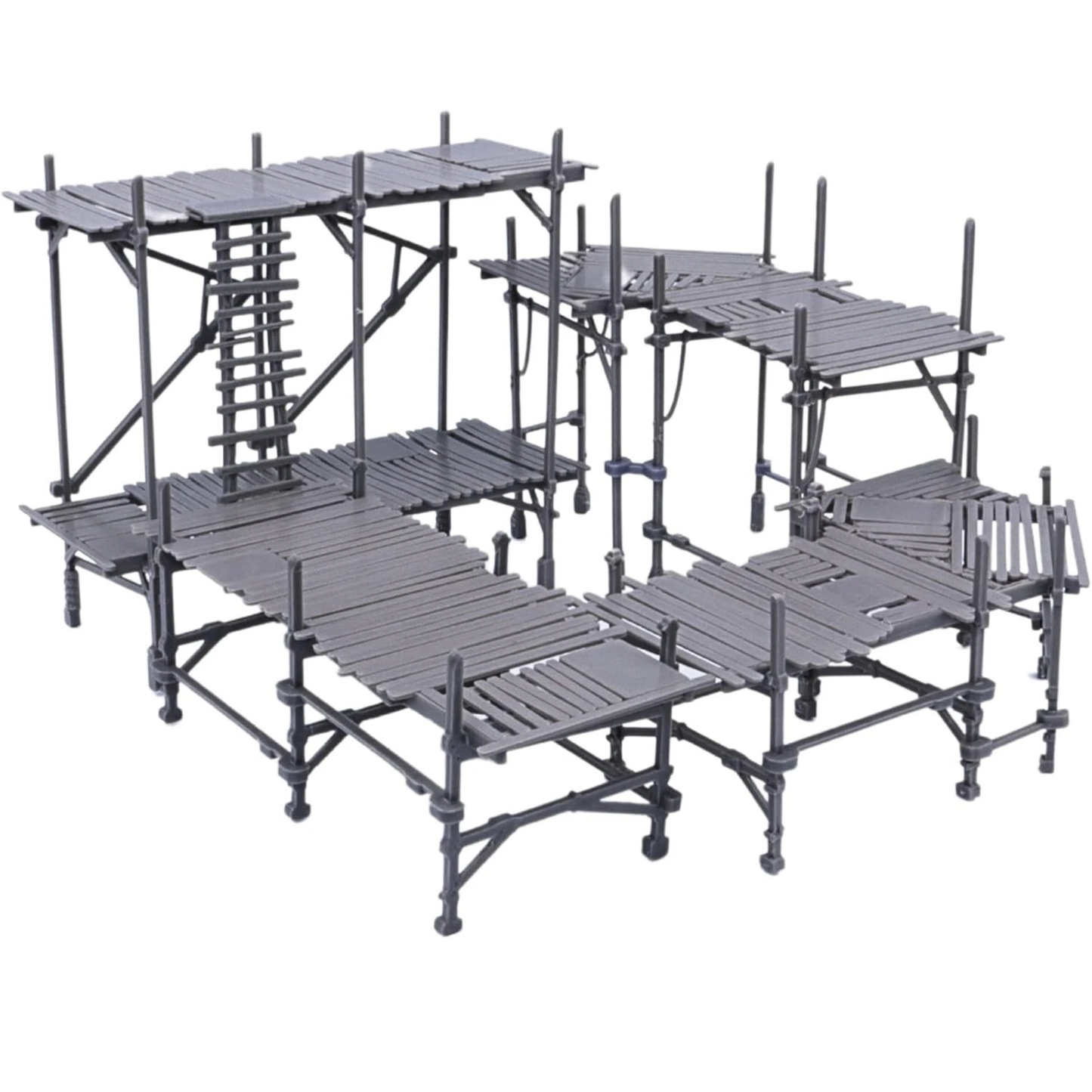 Unpainted modular scaffolding set showing multiple platform sections, ladders, supports, and walkways in grey resin.