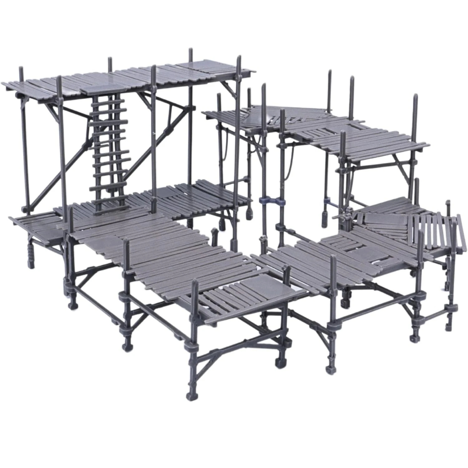 Unpainted modular scaffolding set showing multiple platform sections, ladders, supports, and walkways in grey resin.