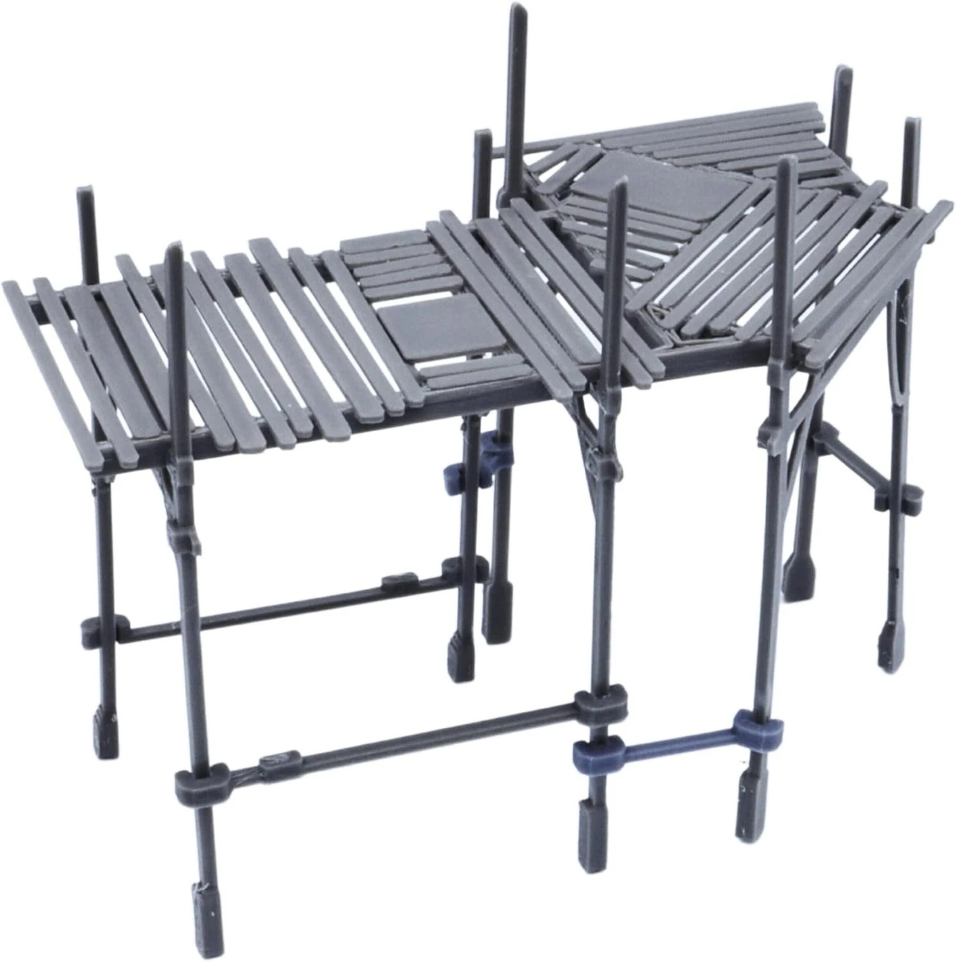 Square modular scaffolding terrain section with planked flooring, open gaps, and tall support posts.
