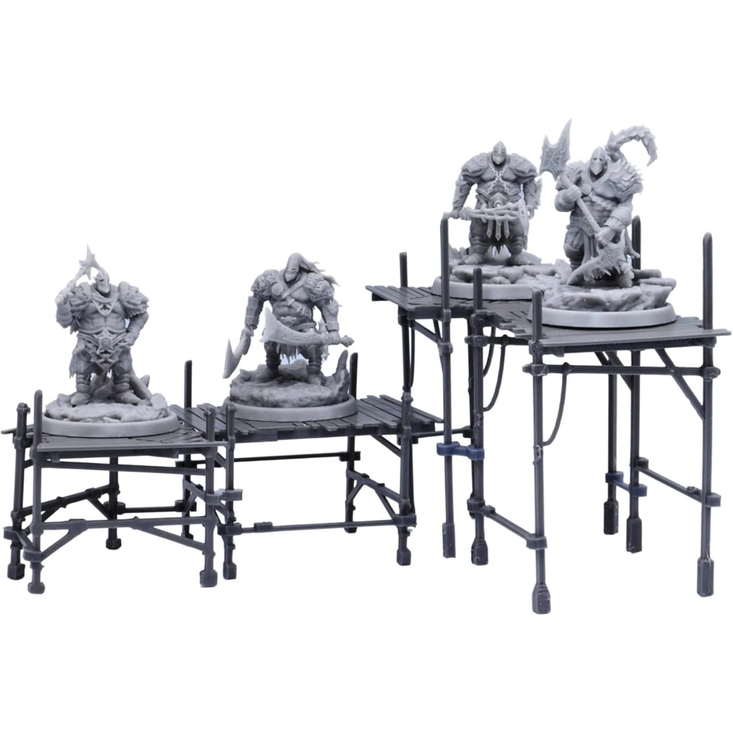 Scaffolding terrain arranged as elevated platforms with miniatures standing on walkways for a fantasy or sci-fi battle scene.
