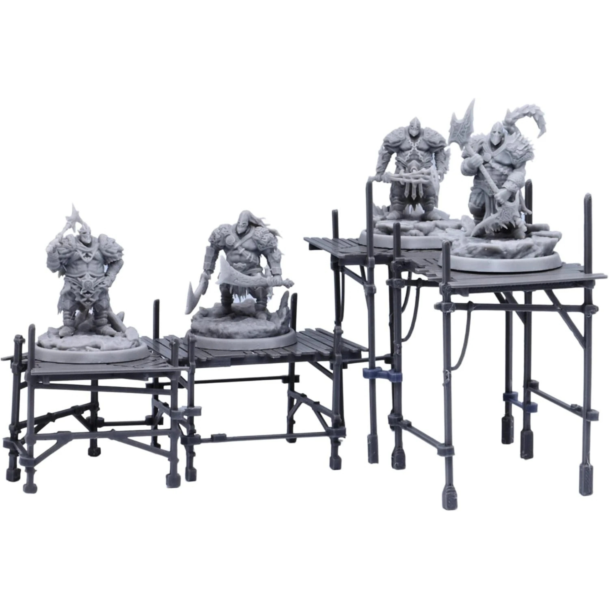 Scaffolding terrain arranged as elevated platforms with miniatures standing on walkways for a fantasy or sci-fi battle scene.