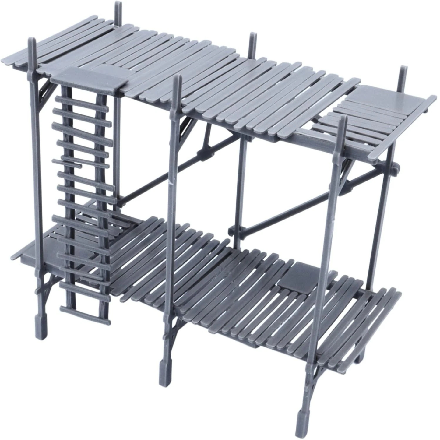 Two-level unpainted scaffolding terrain section with wooden plank platforms, vertical supports, and ladder detail.