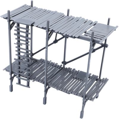 Two-level unpainted scaffolding terrain section with wooden plank platforms, vertical supports, and ladder detail.