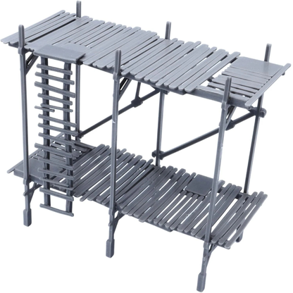 Two-level unpainted scaffolding terrain section with wooden plank platforms, vertical supports, and ladder detail.