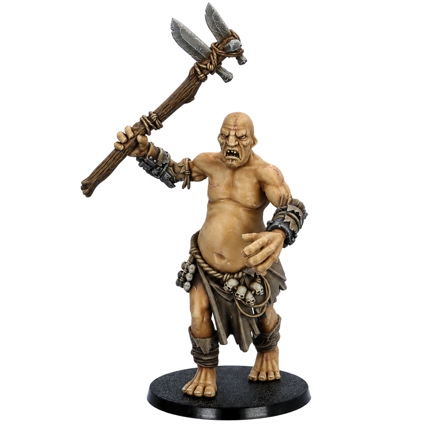 Painted Mountain Giant miniature by Highlands Miniatures holding a large primitive spear weapon on a 60mm round base.