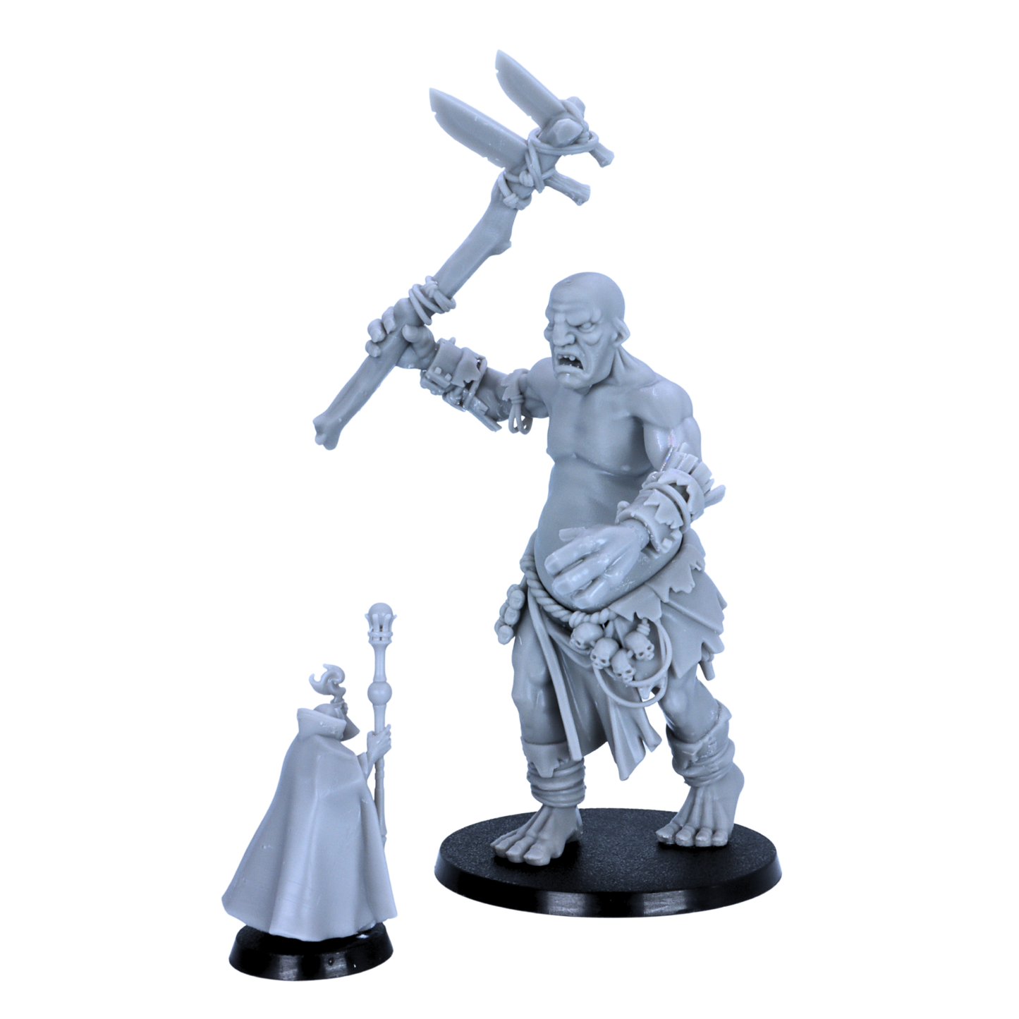 Unpainted Mountain Giant miniature shown beside a smaller robed figure for scale comparison.