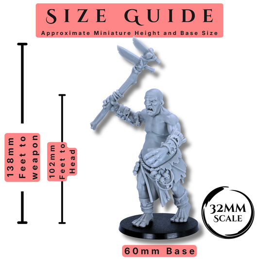 Size guide for Mountain Giant miniature showing 102mm height to head, 138mm to weapon tip, and 60mm round base.