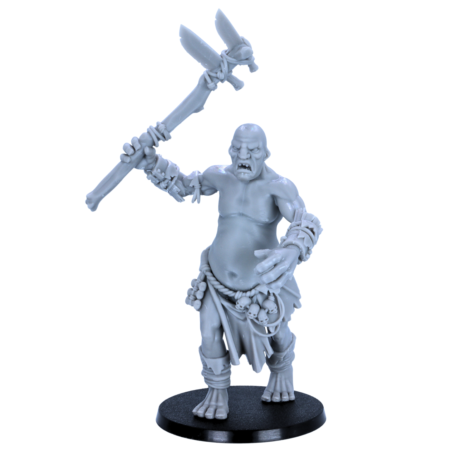 Unpainted Mountain Giant miniature front view with raised spear-club, skull trophies, rope belt, and 60mm round base.