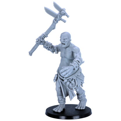 Full-body unpainted Mountain Giant miniature with raised weapon, tribal clothing, skull details, and oversized hand.