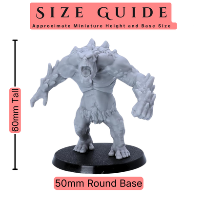 Size guide for Mountain Trolls miniatures showing 60mm height and 50mm round base size.