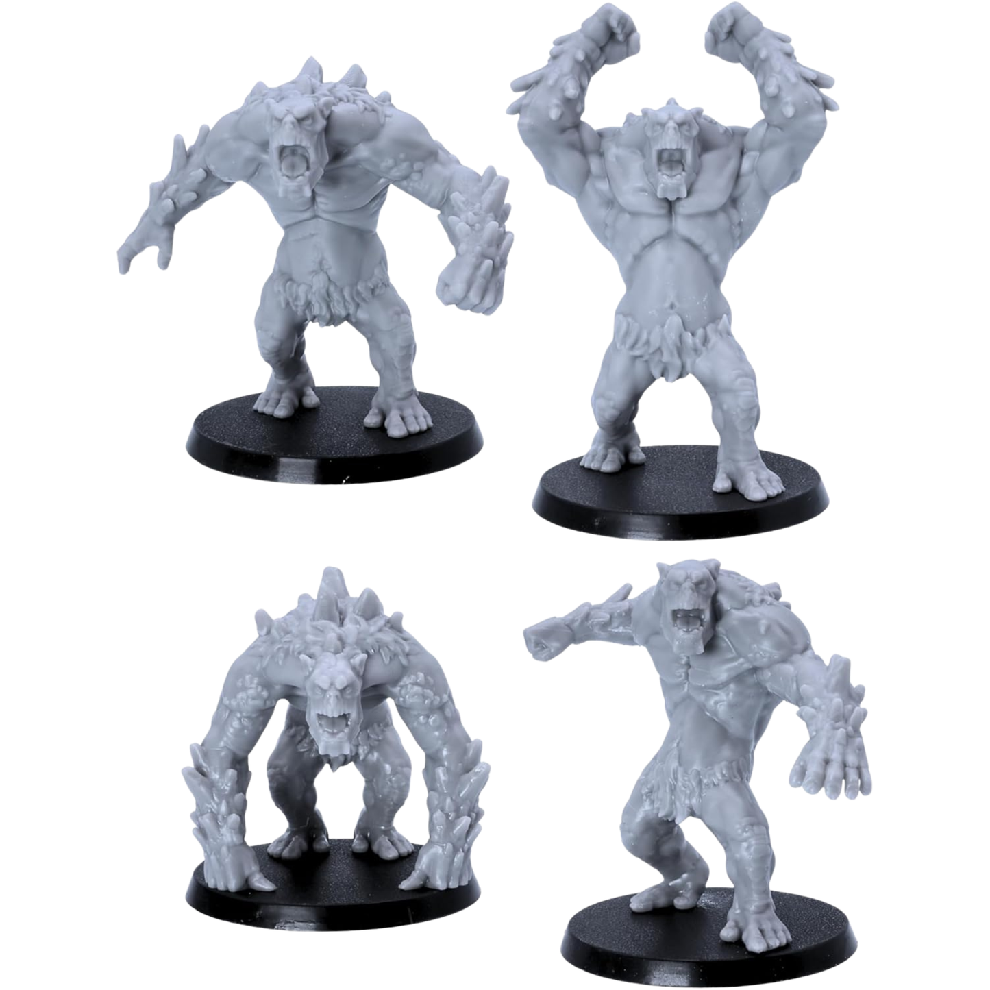 Unpainted Mountain Trolls set showing four dynamic monster poses with claws, rocky hide, and muscular details.