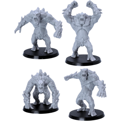 Unpainted Mountain Trolls set showing four dynamic monster poses with claws, rocky hide, and muscular details.